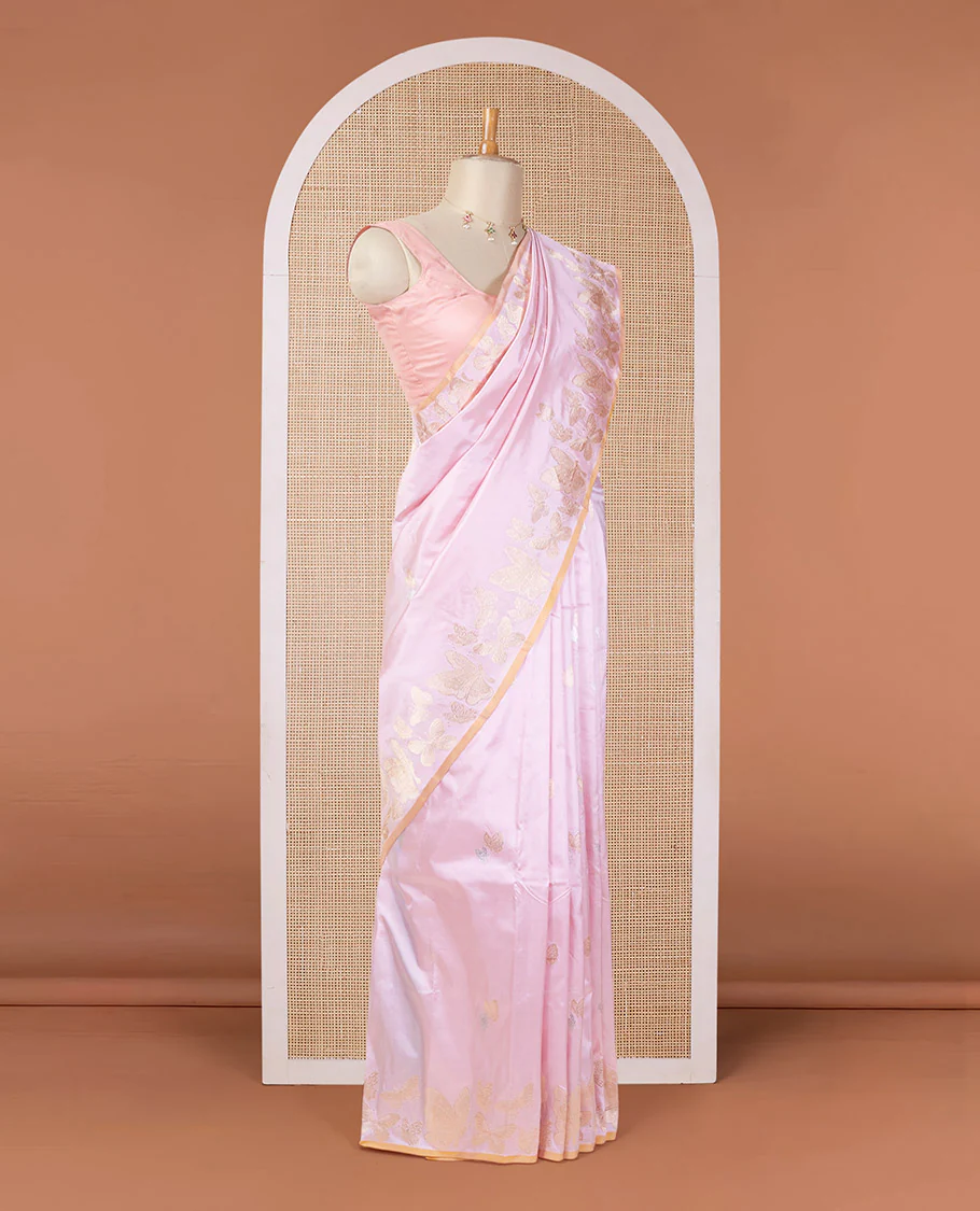 Pink zari buttas katan silk saree, zari border & pallu steeped with delicately woven butterfly motifs