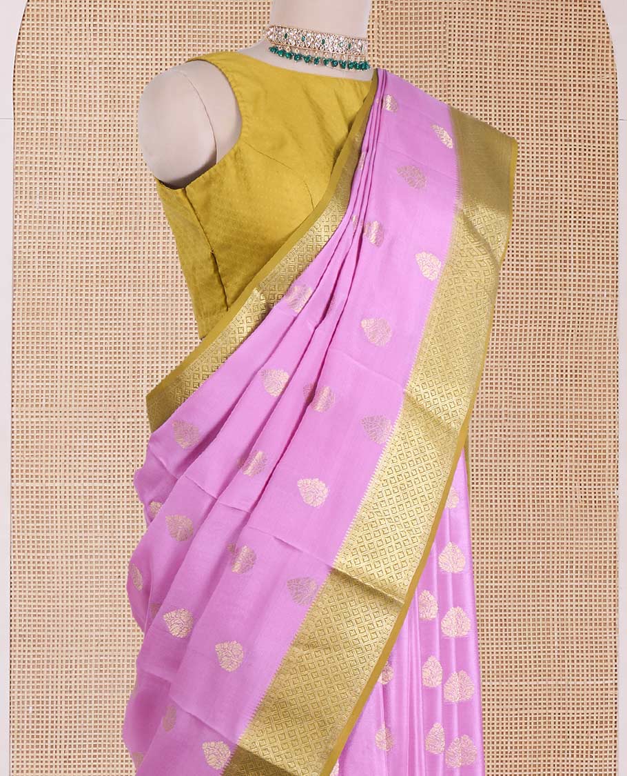 Pink zari buttas Mysore silk saree, contrast jaal border, and pallu steeped with traditional zari designs - Image 3