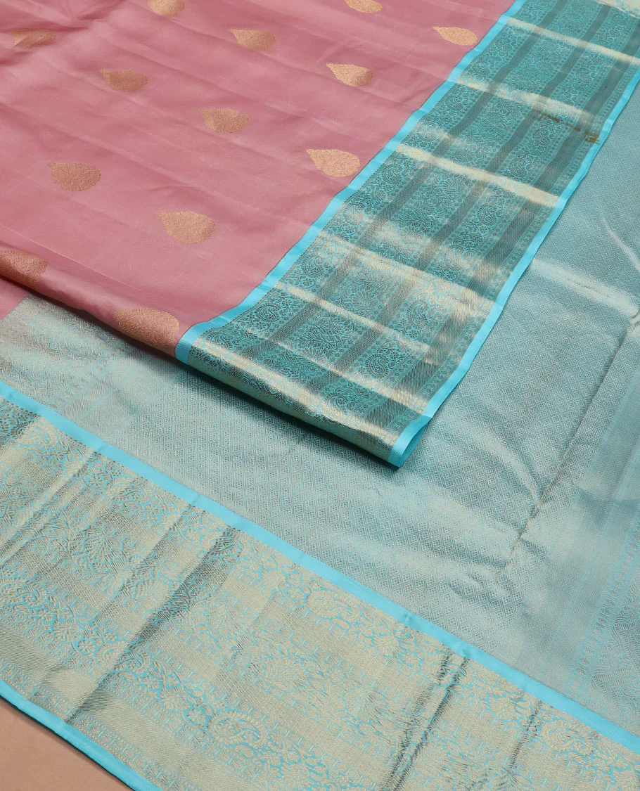 Pink zari buttas Vasundhara silk saree, contrast border of kodi visiry, and kodi manga designs, and jaal pallu - Image 2
