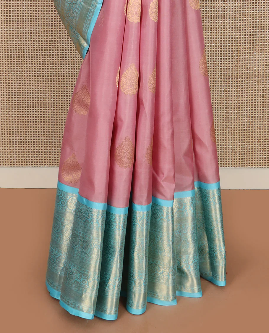 Pink zari buttas Vasundhara silk saree, contrast border of kodi visiry, and kodi manga designs, and jaal pallu - Image 4