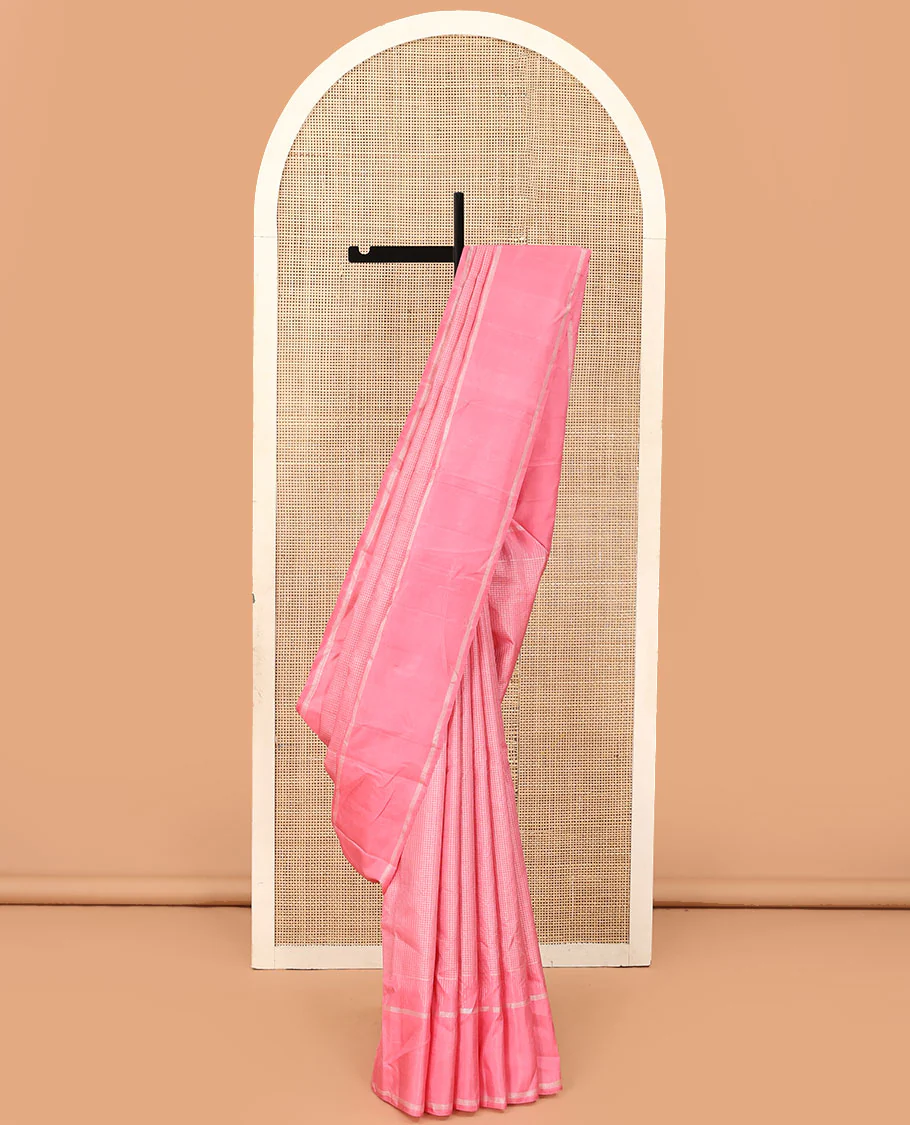 Pink zari checked Kanchipuram silk saree, zari temple border of stripes, and zari design pallu