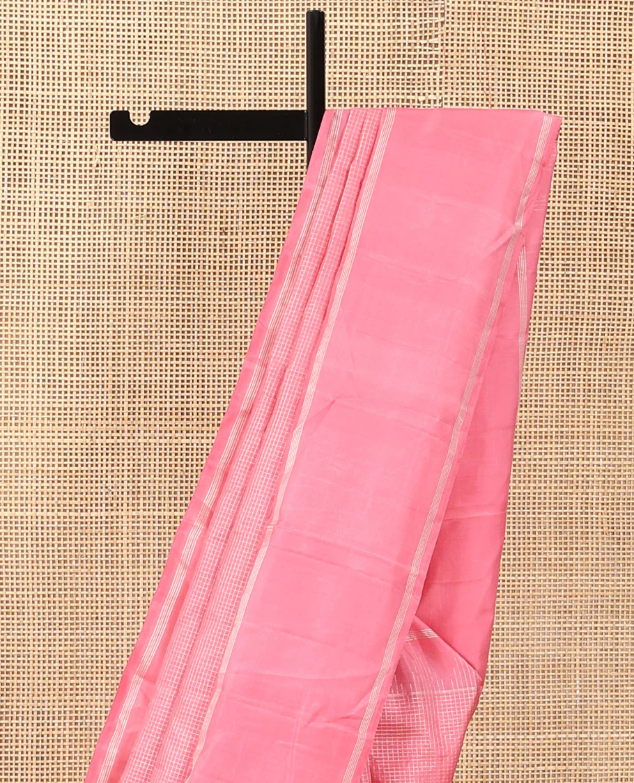 Pink zari checked Kanchipuram silk saree, zari temple border of stripes, and zari design pallu - Image 4