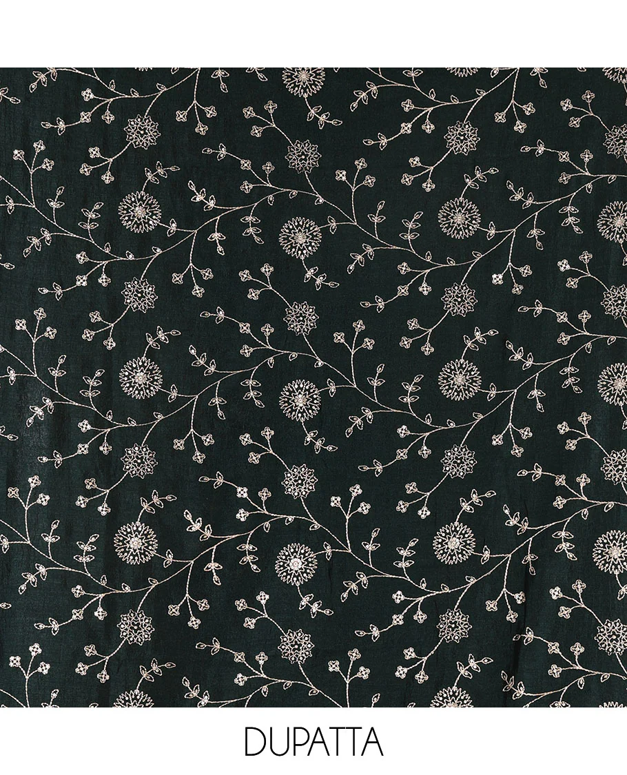 Pista green Vichitra silk material churidar set, floral motifs embroidered top, contrast Santoon bottom, and floral vine thread embroidered scallop dupatta - Image 2
