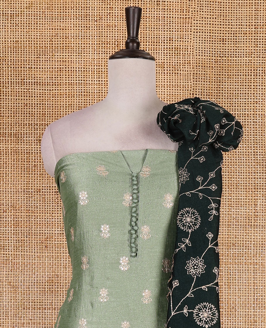 Pista green Vichitra silk material churidar set, floral motifs embroidered top, contrast Santoon bottom, and floral vine thread embroidered scallop dupatta - Image 3