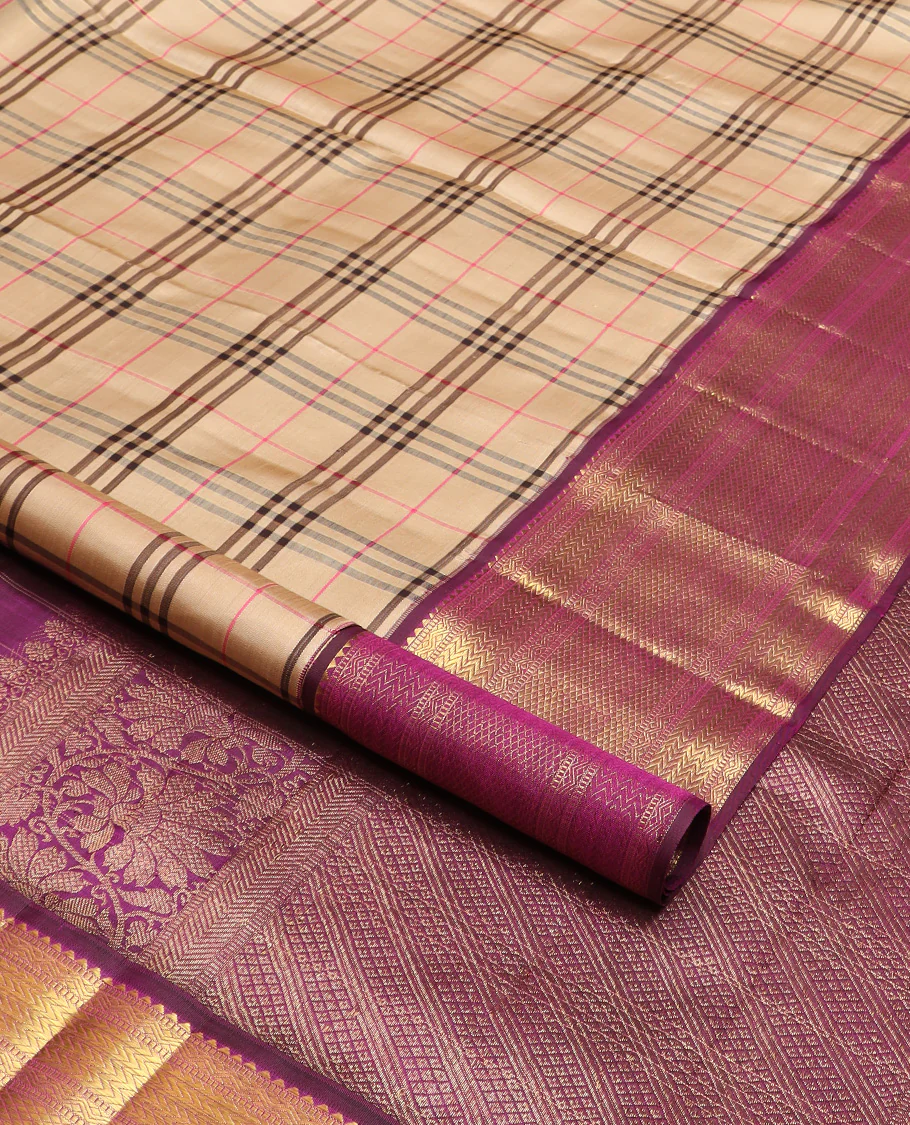 Sandal Burberry checked Kanchipuram silk saree, contrast border of rekku,muthu,neli,vanki, and kuyil kann, and pallu of kodi visiry, and diagonal mayil kann designs - Image 2