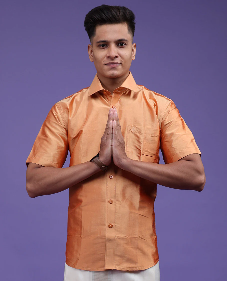 Marigold orange plain design half-sleeve pure-silk shirt - Image 21