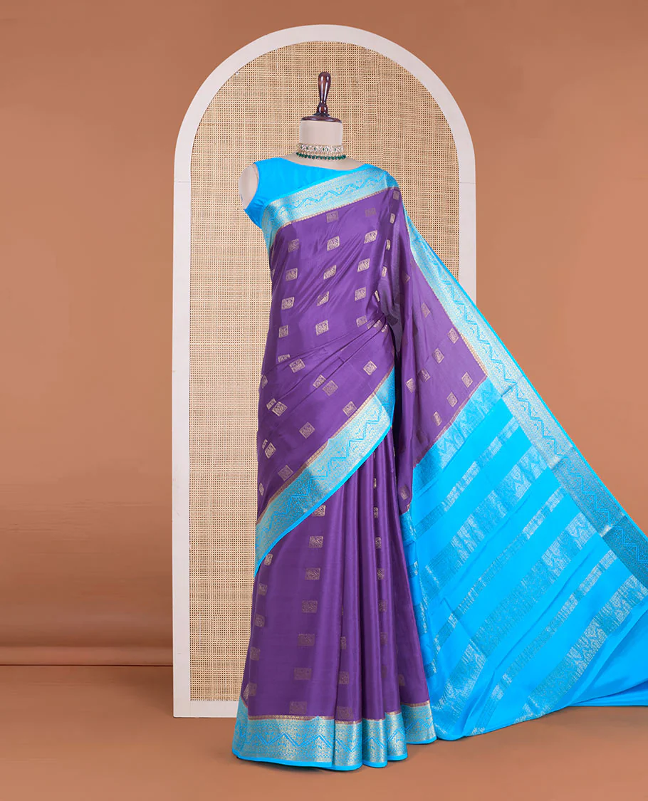 Purple animal buttas Mysore silk saree, contrast traditional zari design border, and zari design pallu - Image 2