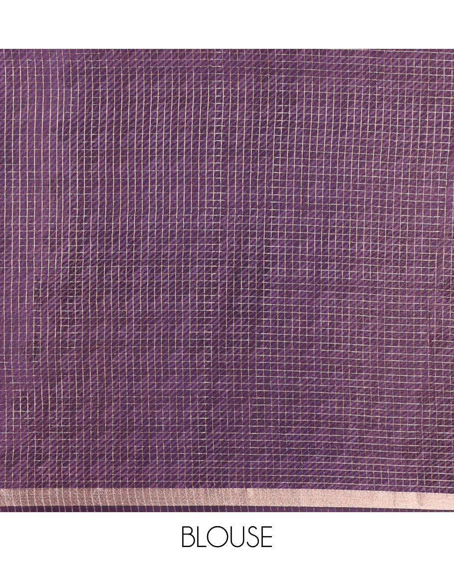 Purple Assam Silk Saree Graced with Micro-Checks and Floral Prints, Featuring a Simple Piping Border, Subtly Woven Pallu with Zari Stripes, Paired with a Matching Checked Blouse - Image 4