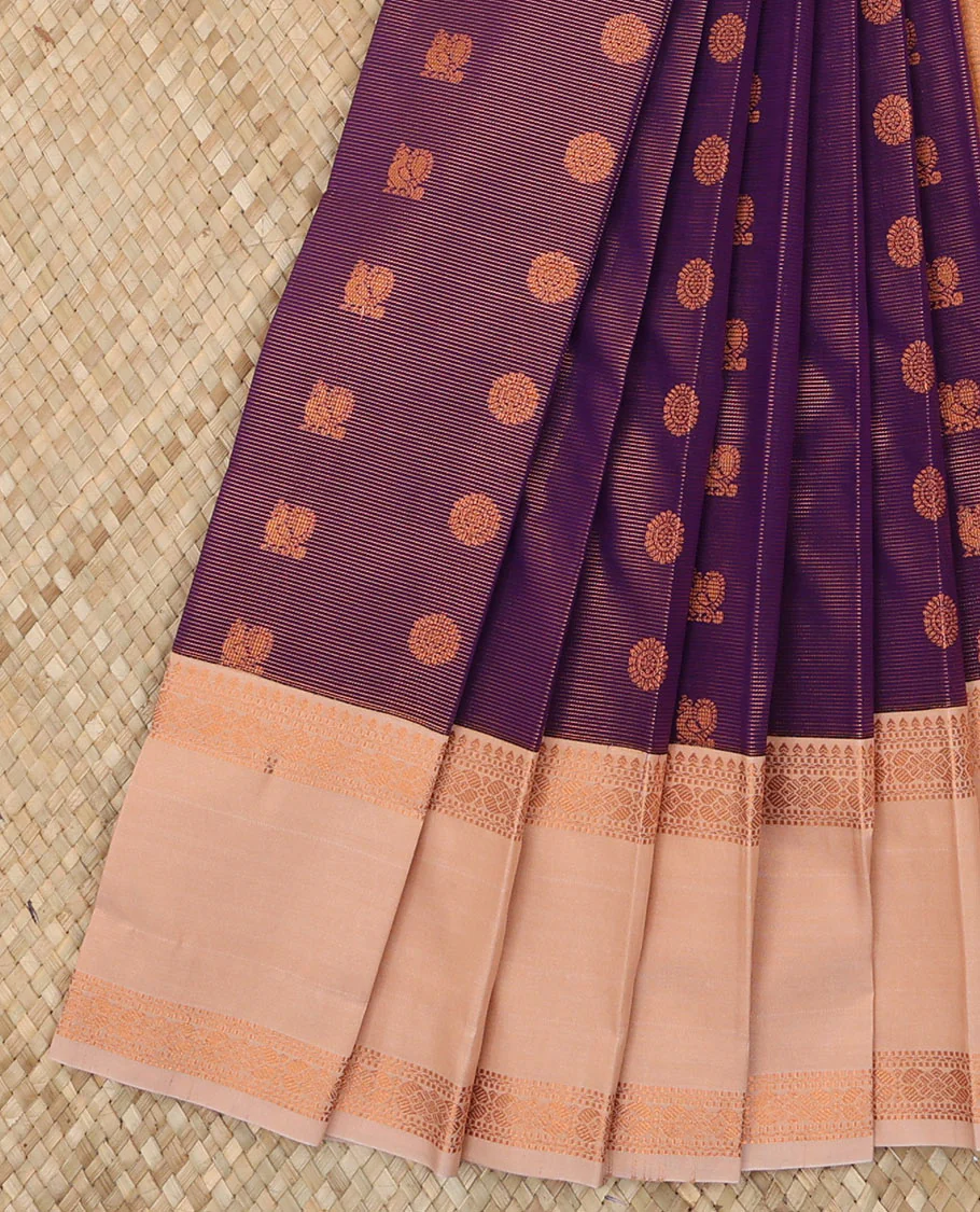 Purple Budget Silk Saree Artfully Detailed with Peacock Chakram Buttas and Zari Stripes, Highlighted with a Contrast Traditional Zari Design Rettai Pettu Border, Zari Woven Pallu, and Paired with a Contrast Blouse