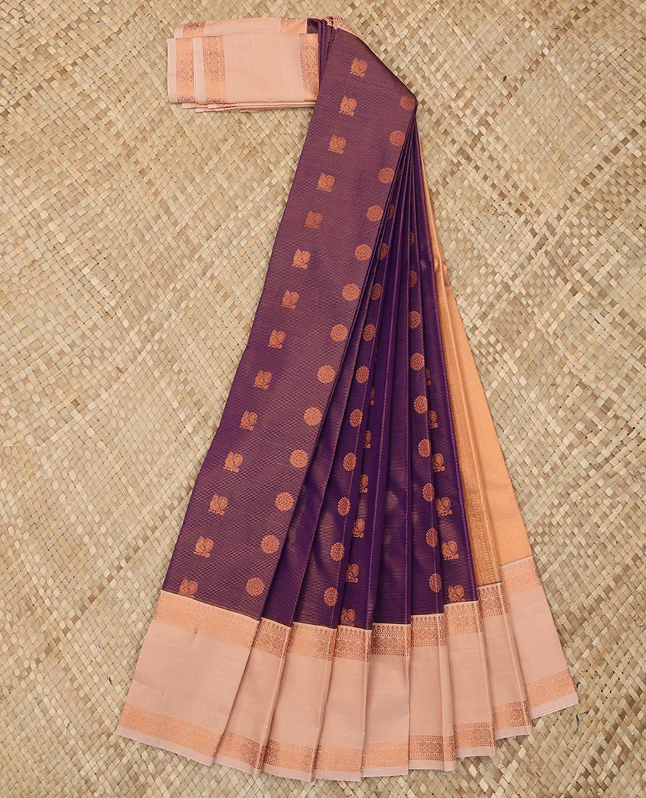 Purple Budget Silk Saree Artfully Detailed with Peacock Chakram Buttas and Zari Stripes, Highlighted with a Contrast Traditional Zari Design Rettai Pettu Border, Zari Woven Pallu, and Paired with a Contrast Blouse - Image 2
