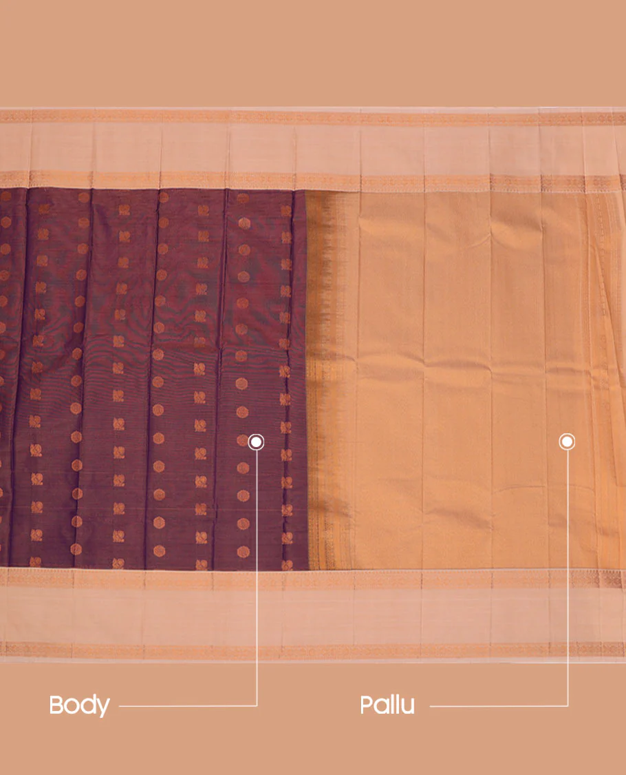 Purple Budget Silk Saree Artfully Detailed with Peacock Chakram Buttas and Zari Stripes, Highlighted with a Contrast Traditional Zari Design Rettai Pettu Border, Zari Woven Pallu, and Paired with a Contrast Blouse - Image 3