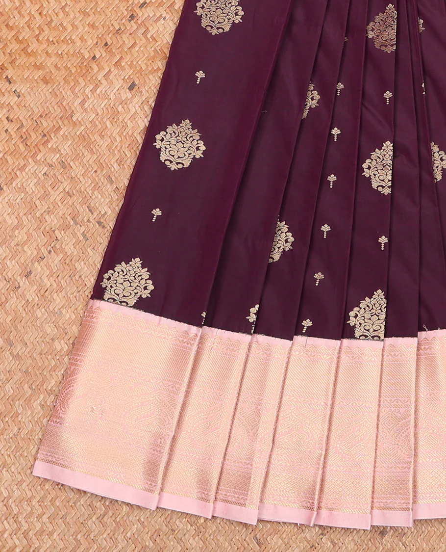 Purple Budget Silk Saree, Beautifully Bedecked with Zari Buttas on Its Body, Complemented by a Contrast Traditional Zari Border, Grand Jaal Pallu, and Paired with a Contrast Blouse