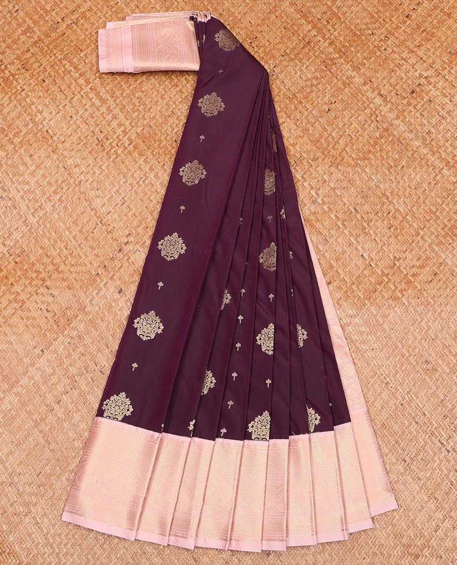 Purple Budget Silk Saree, Beautifully Bedecked with Zari Buttas on Its Body, Complemented by a Contrast Traditional Zari Border, Grand Jaal Pallu, and Paired with a Contrast Blouse - Image 2