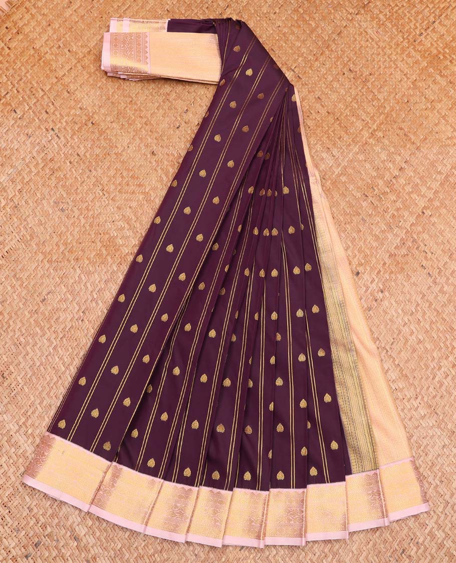 Purple Budget Silk Saree, Elevated with Zari Buttas and Stripes All Over Its Body, Complemented by a Contrast Traditional Zari Design Border, Pallu Steeped with Geometric Patterns, and Paired with a Contrast Blouse - Image 2