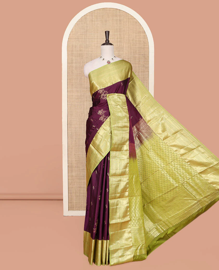 Purple Budget Silk Saree, Enriched with Floral Zari Buttas All Over Its Body, Complemented by a Contrast Traditional Zari Border of Floral Creeper Designs, Grandly Woven Pallu of Jaal Designs, and Paired with a Contrast Blouse