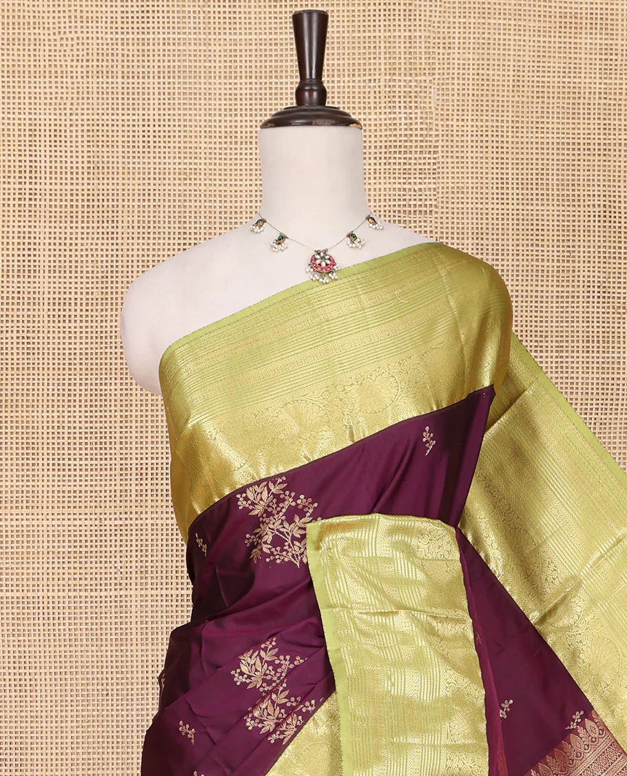 Purple Budget Silk Saree, Enriched with Floral Zari Buttas All Over Its Body, Complemented by a Contrast Traditional Zari Border of Floral Creeper Designs, Grandly Woven Pallu of Jaal Designs, and Paired with a Contrast Blouse - Image 2