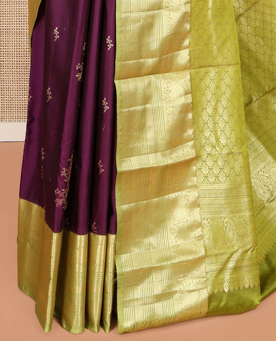 Purple Budget Silk Saree, Enriched with Floral Zari Buttas All Over Its Body, Complemented by a Contrast Traditional Zari Border of Floral Creeper Designs, Grandly Woven Pallu of Jaal Designs, and Paired with a Contrast Blouse - Image 3