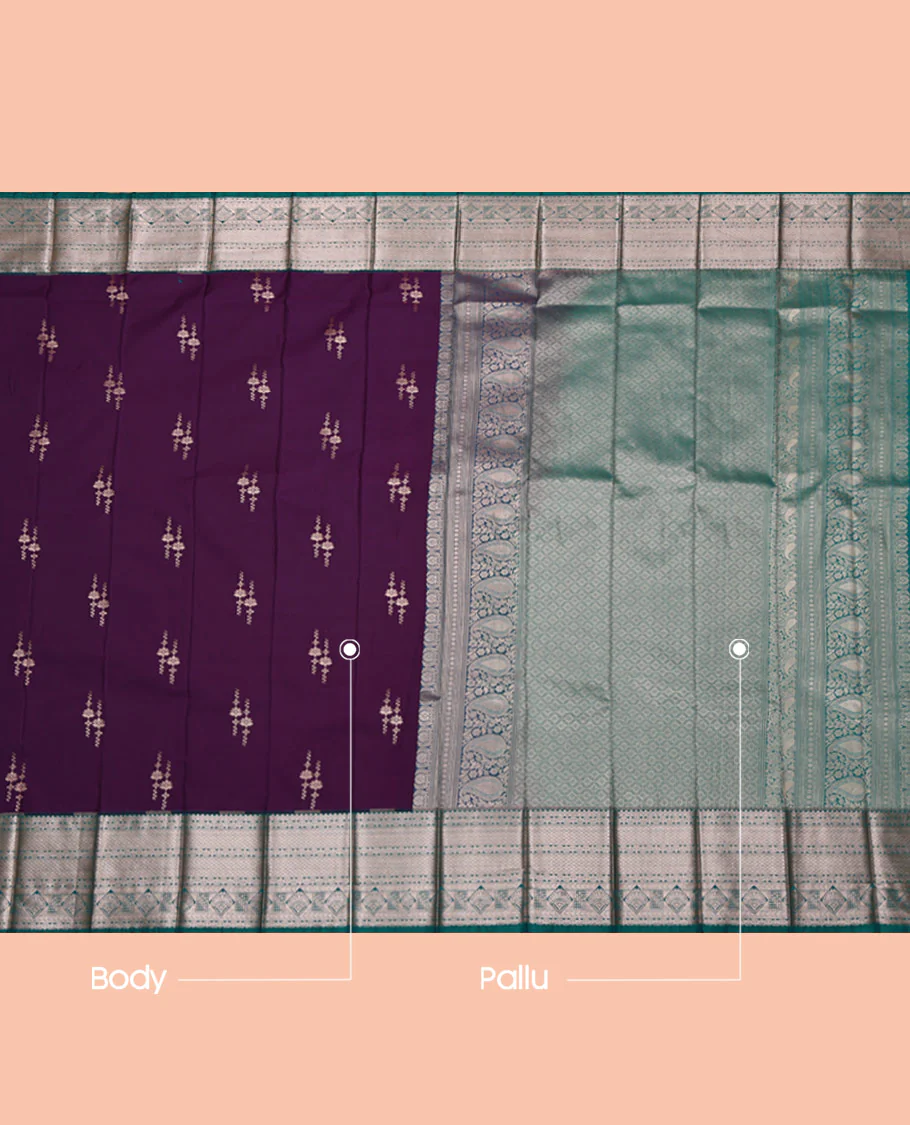 Purple Budget Silk Saree, Enriched with Zari Buttas All Over Its Body, Complemented by a Contrast Traditional Zari Design Border, Grand Jaal Pallu, and Paired with a Contrast Blouse - Image 3