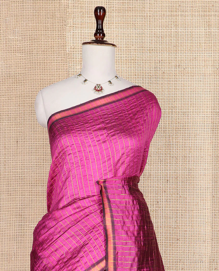 Purple checked tussar silk saree, zari border, and contrast striped pallu - Image 2