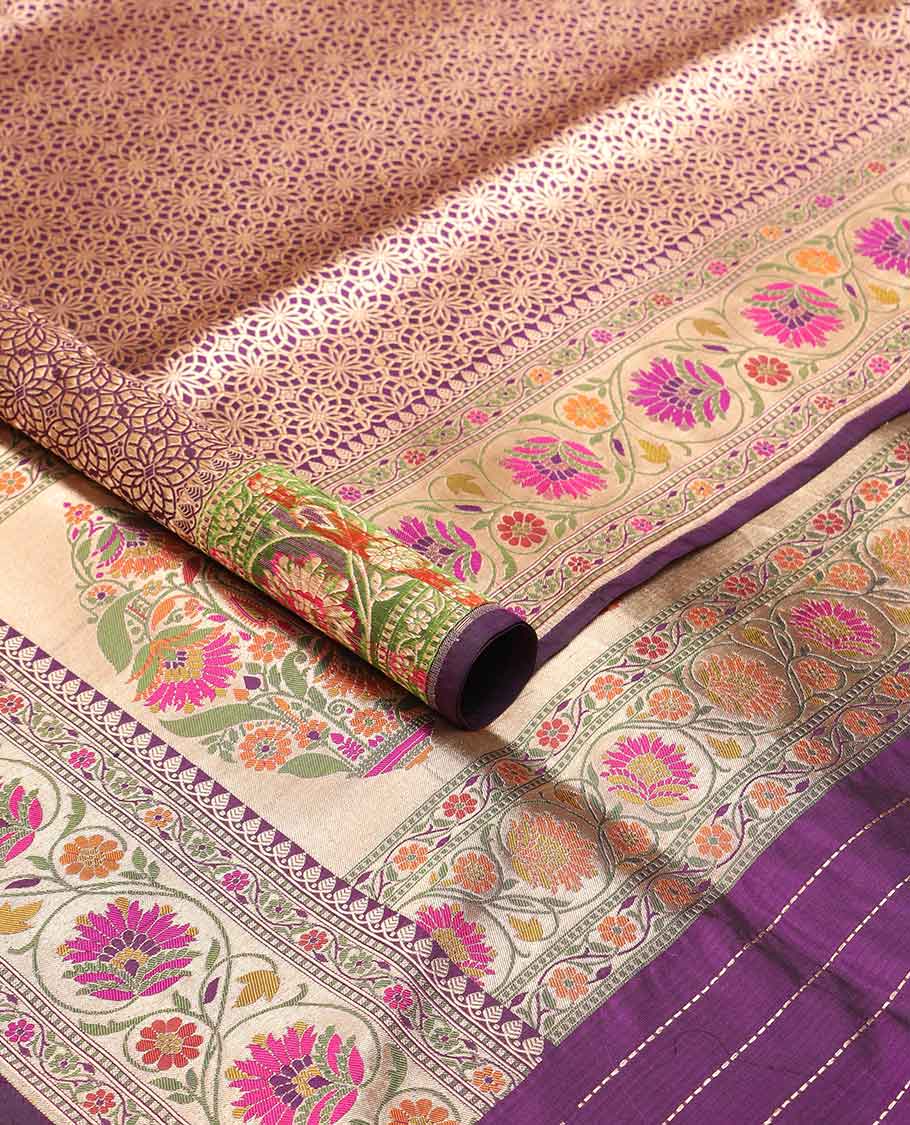 Purple floral jaal banaras silk saree with contrast floral border & floral zari design pallu - Image 2