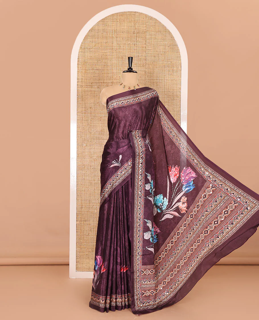 Purple floral printed and mirror work masakali saree, printed border, pallu of intricate print and mirror work, and a matching blouse