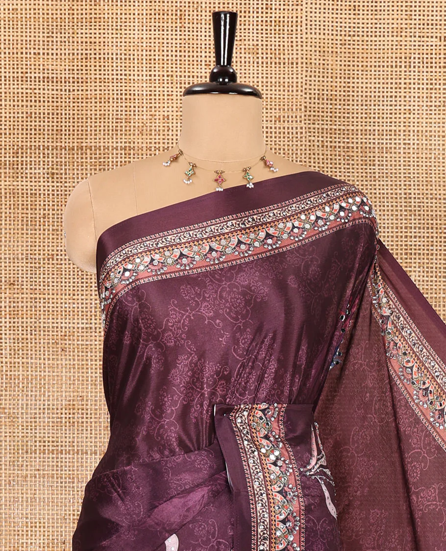 Purple floral printed and mirror work masakali saree, printed border, pallu of intricate print and mirror work, and a matching blouse - Image 2
