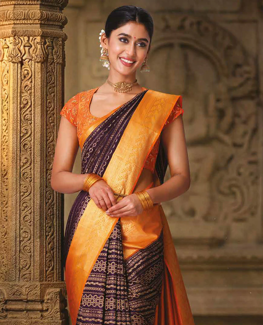 Purple Geometric Patterns Jacquard Kanchipuram Wedding Silk Saree, Contrast Traditional Zari Border of Leaf Vine, and Intricately Designed Pallu - Image 2
