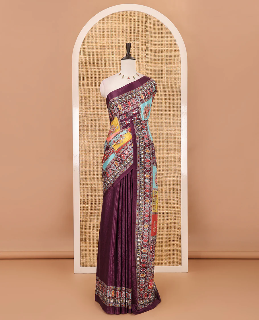 Purple geometric patterns multi-hue printed & mirror embroidered half-&-half masakali saree, printed border & pallu of embroidery work & plain blouse - Image 2