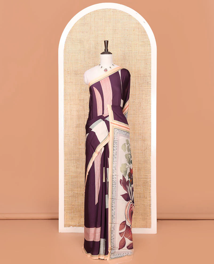 Purple Georgette Saree Accentuated with Geometric Pattern Print, Complemented by a Contrast Border, Pallu Adorned with Floral Print, and Paired with a Subtle Striped Blouse - Image 2
