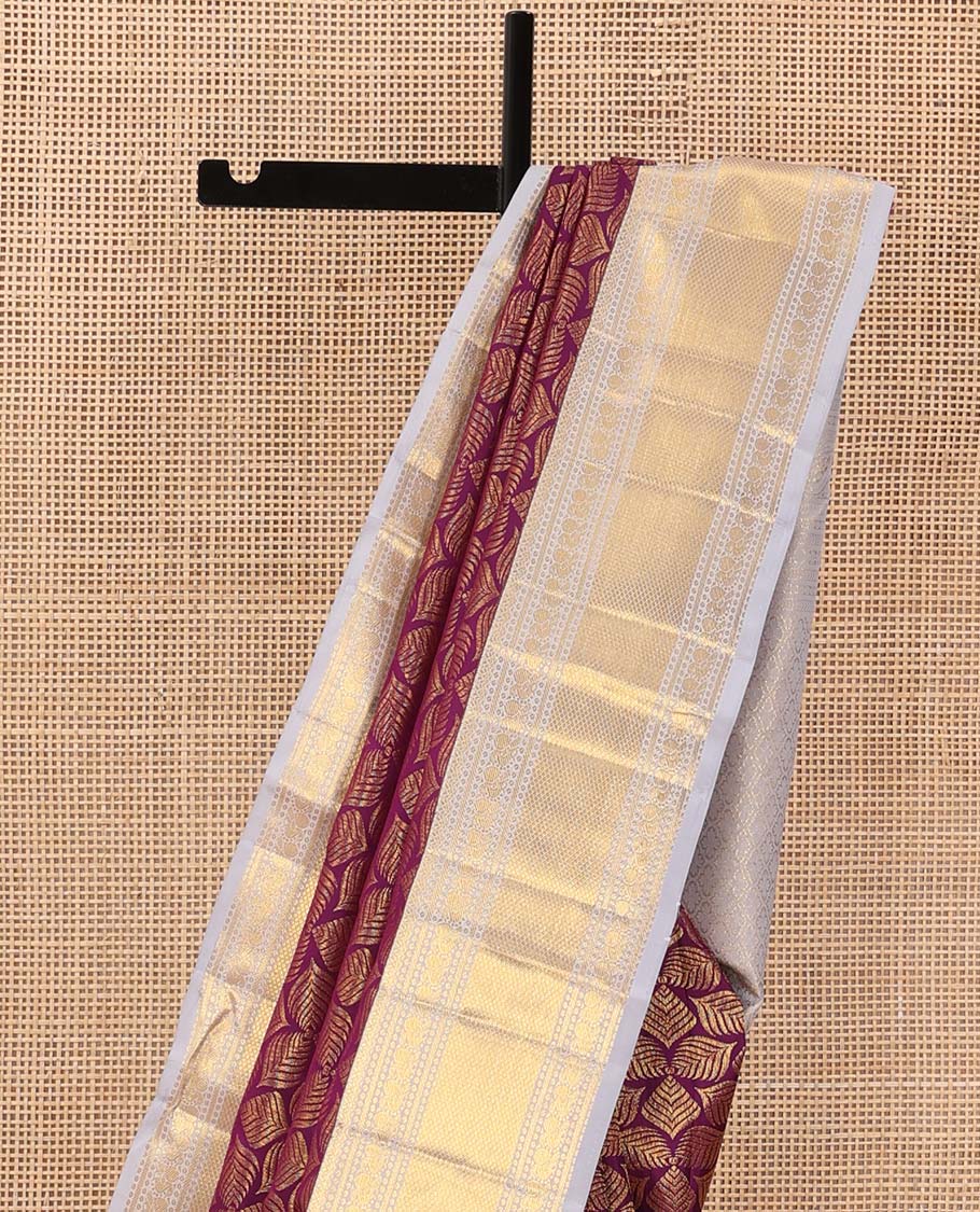 Purple jacquard wedding silk saree, contrast border of banaras, mayil, and mayil kann designs, and jaal pallu - Image 4