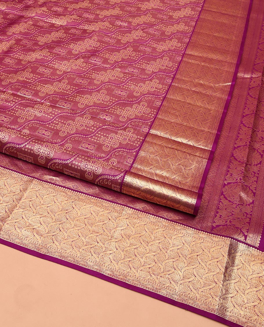 Purple Kanchipuram Wedding Silk Saree, Majestically Detailed with Jacquard Designs on Its Body, Highlighted by a Zari Border of Geometric Designs, Grand Jaal Pallu, and Paired with a Matching Blouse - Image 2