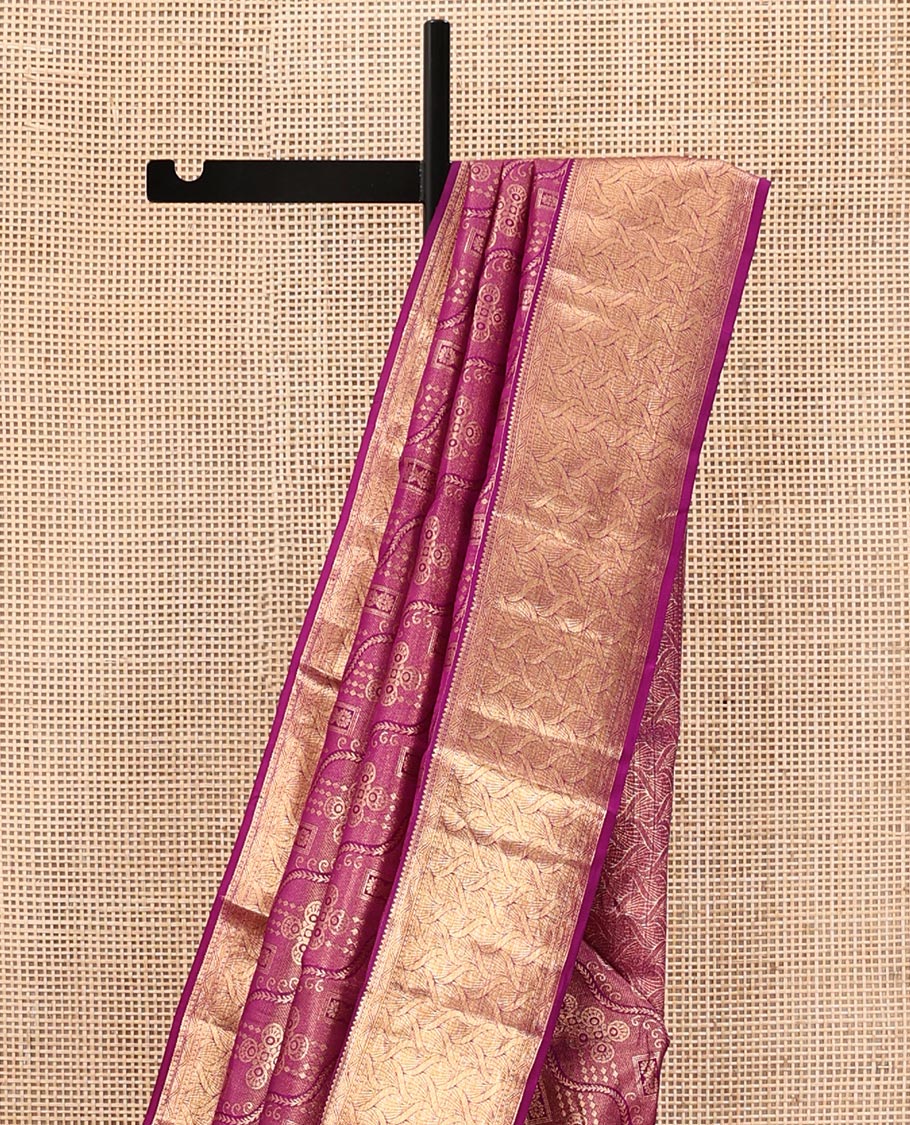 Purple Kanchipuram Wedding Silk Saree, Majestically Detailed with Jacquard Designs on Its Body, Highlighted by a Zari Border of Geometric Designs, Grand Jaal Pallu, and Paired with a Matching Blouse - Image 3