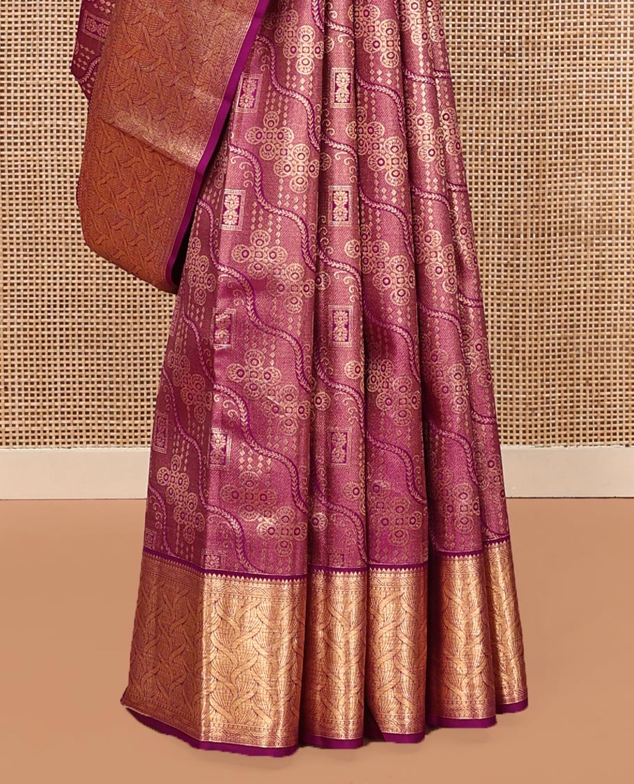 Purple Kanchipuram Wedding Silk Saree, Majestically Detailed with Jacquard Designs on Its Body, Highlighted by a Zari Border of Geometric Designs, Grand Jaal Pallu, and Paired with a Matching Blouse - Image 4