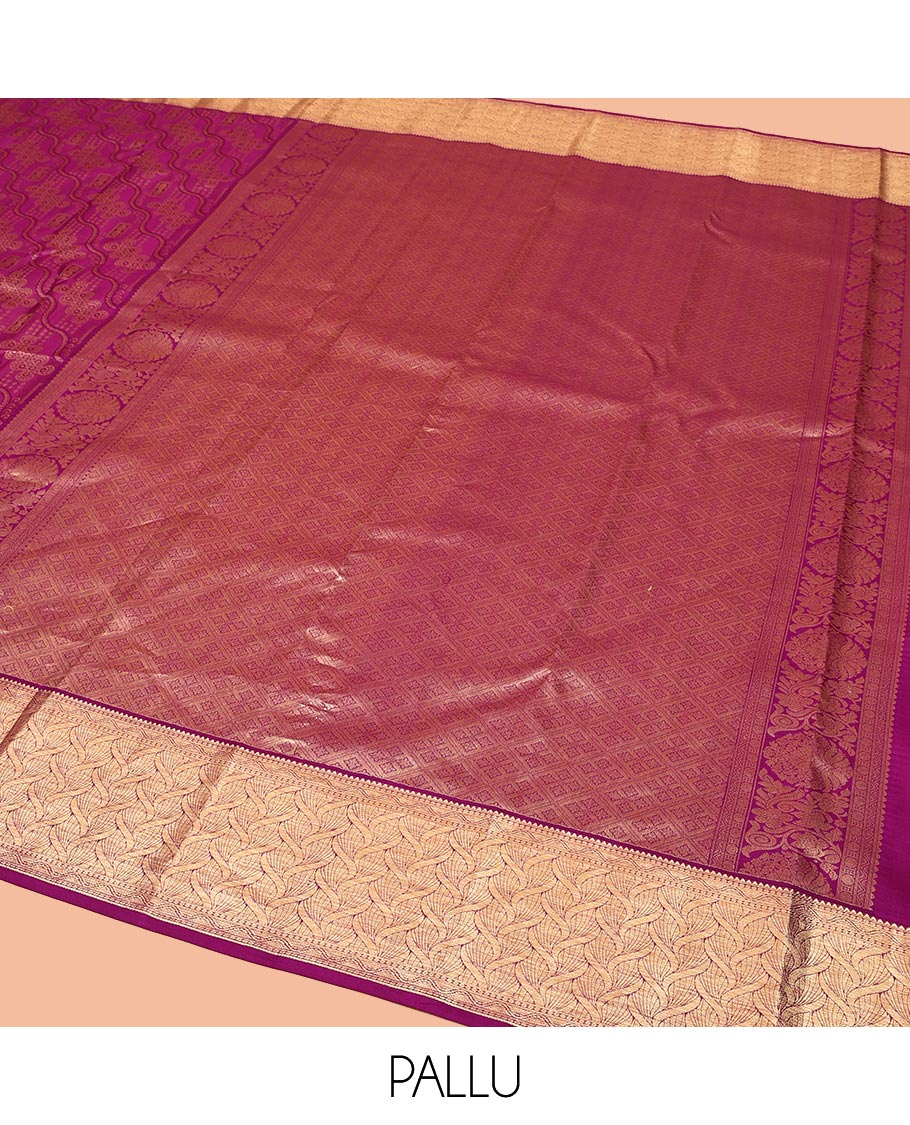 Purple Kanchipuram Wedding Silk Saree, Majestically Detailed with Jacquard Designs on Its Body, Highlighted by a Zari Border of Geometric Designs, Grand Jaal Pallu, and Paired with a Matching Blouse - Image 5