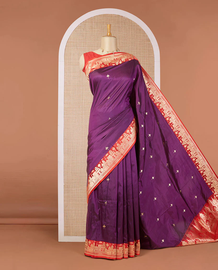 Purple katan silk saree with zari buttas, contrast border & zari-rich pallu adorned with Mughal-theme buildings - Image 2