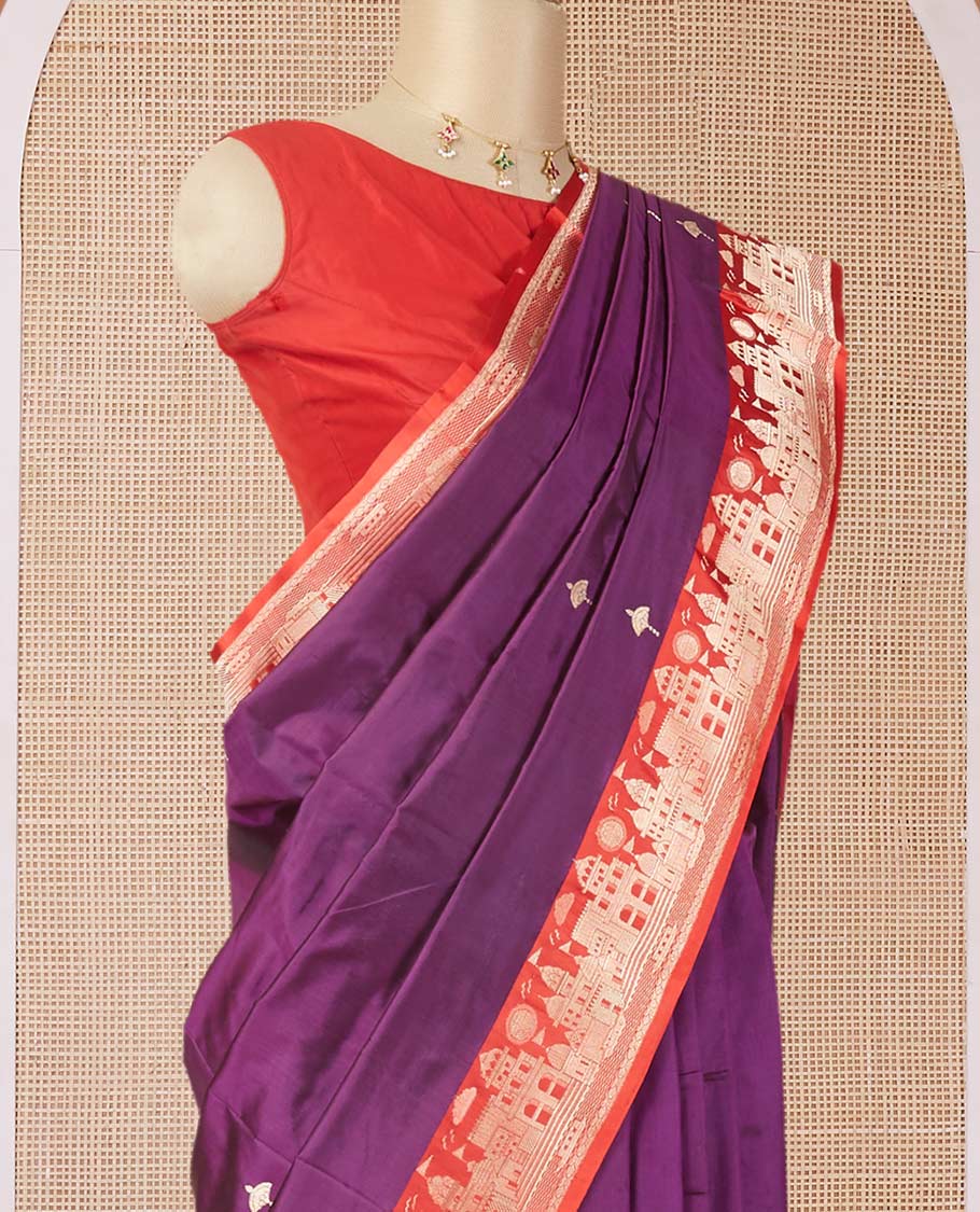 Purple katan silk saree with zari buttas, contrast border & zari-rich pallu adorned with Mughal-theme buildings - Image 3