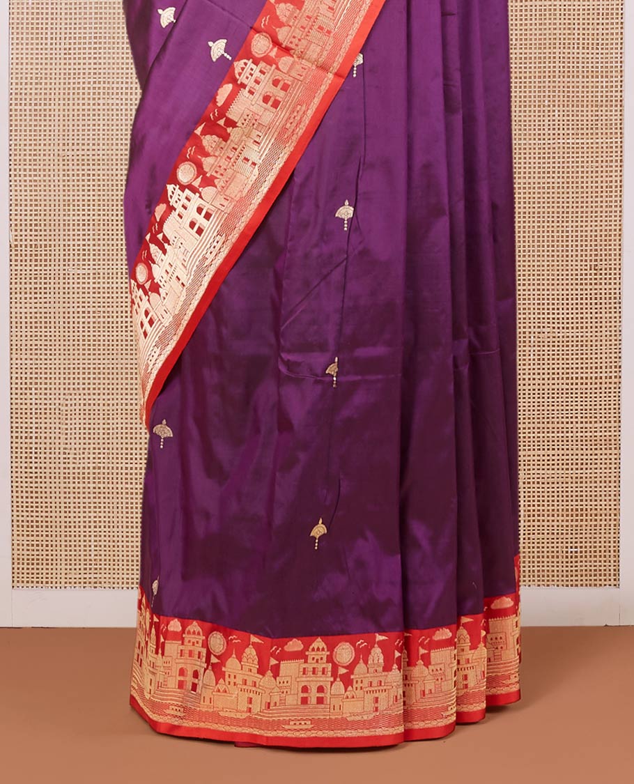 Purple katan silk saree with zari buttas, contrast border & zari-rich pallu adorned with Mughal-theme buildings - Image 4