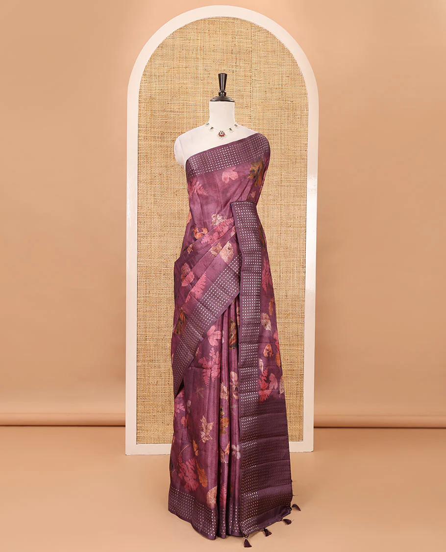 Purple leaf motifs eco-digital printed fancy tussar saree, zari border & pallu woven with dobby-style buttas - Image 2