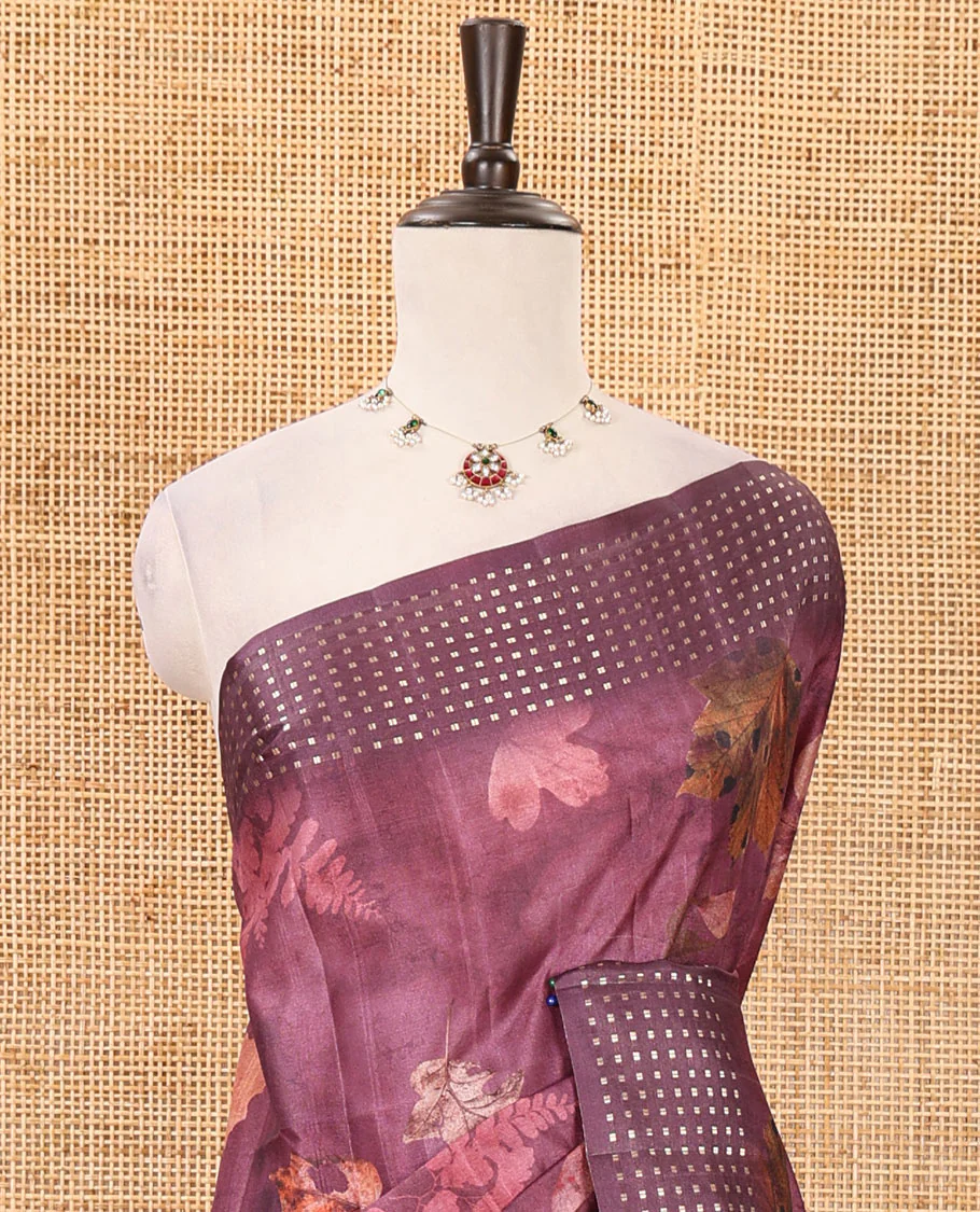 Purple leaf motifs eco-digital printed fancy tussar saree, zari border & pallu woven with dobby-style buttas - Image 3