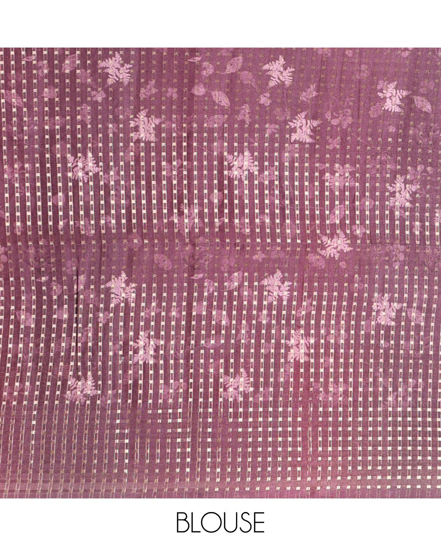 Purple leaf motifs eco-digital printed fancy tussar saree, zari border & pallu woven with dobby-style buttas - Image 4