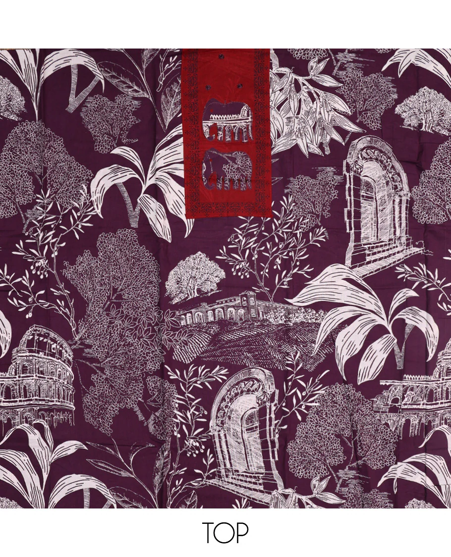 Purple Material Chudidar Set, Adorned with Tropical Floral and Building Print and Neck Embroidery on Cotton Top, a Contrast Plain Cotton Bottom, and Paired with a Geometric Printed Matching Cotton Dupatta - Image 2