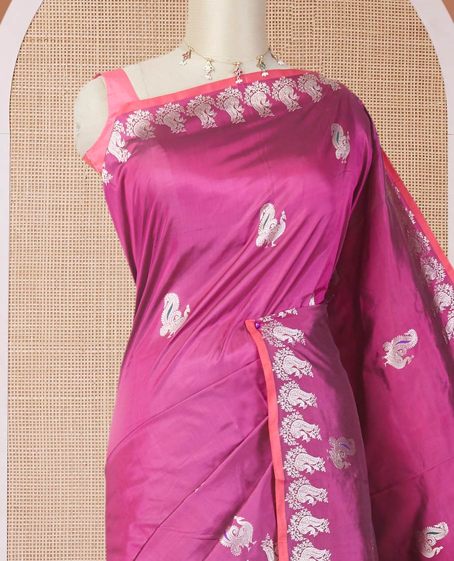 Purple peacock zari buttas katan silk saree, peacock motifs zari border & intricately designed zari pallu - Image 3