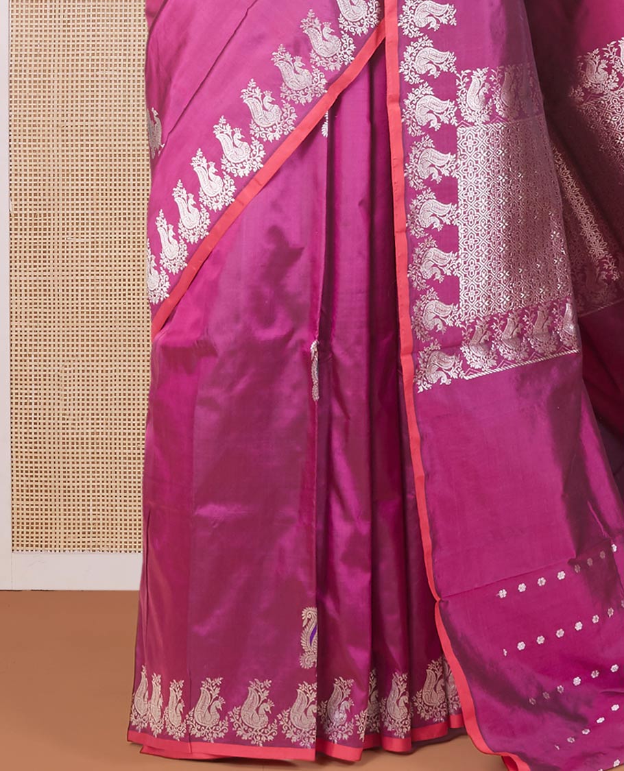 Purple peacock zari buttas katan silk saree, peacock motifs zari border & intricately designed zari pallu - Image 4
