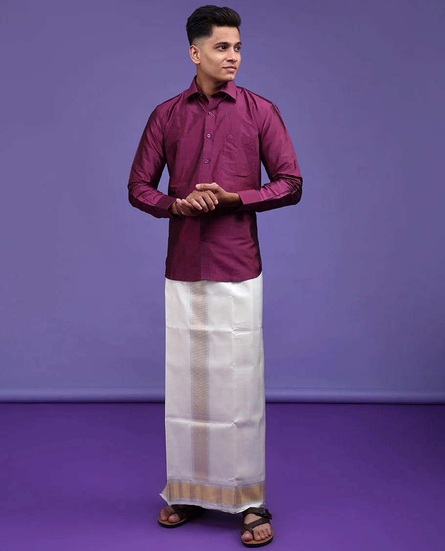 Purple plain design full-sleeve pure-silk shirt - Image 10