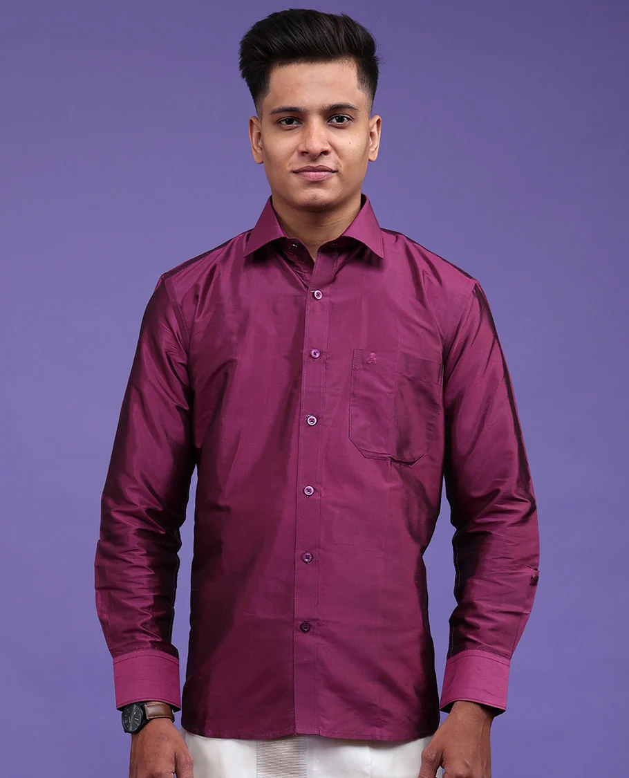 Purple plain design full-sleeve pure-silk shirt - Image 19