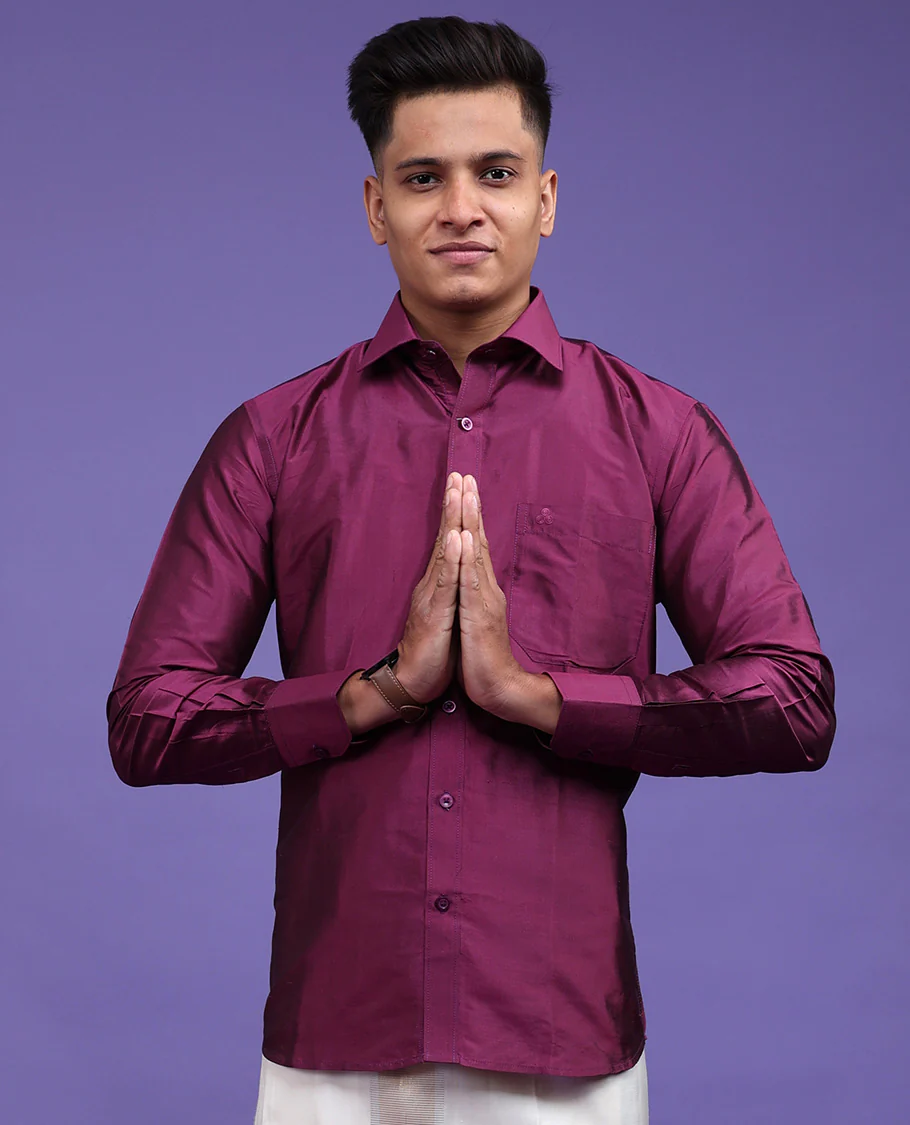 Purple plain design full-sleeve pure-silk shirt - Image 21