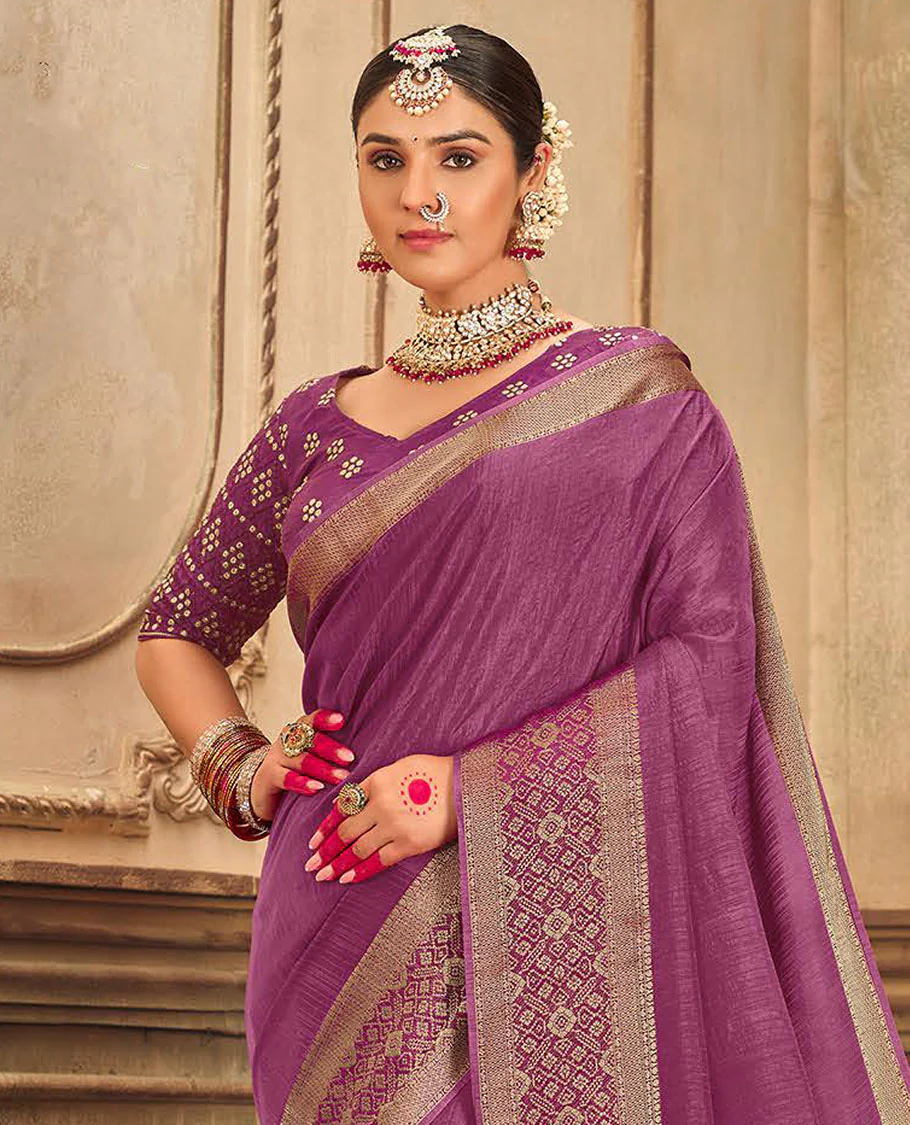 Purple plain designer saree, patola-style motifs woven border, and zari striped pallu - Image 2