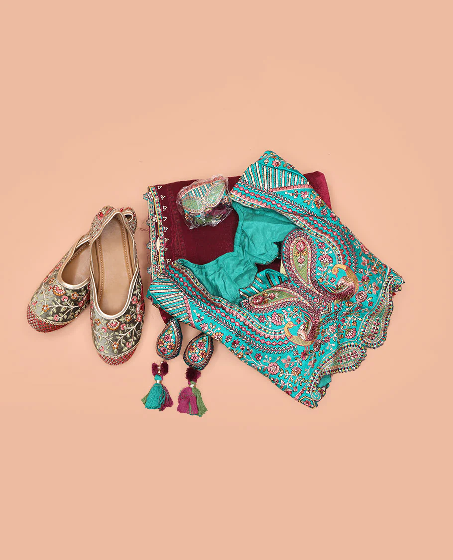 Purple Plain Designer Saree with Temple Lace Border, a Readymade Blouse, a Contrast Embroidered Belt, and a Pair of Free Embroidered Punjabi Shoes - Image 3
