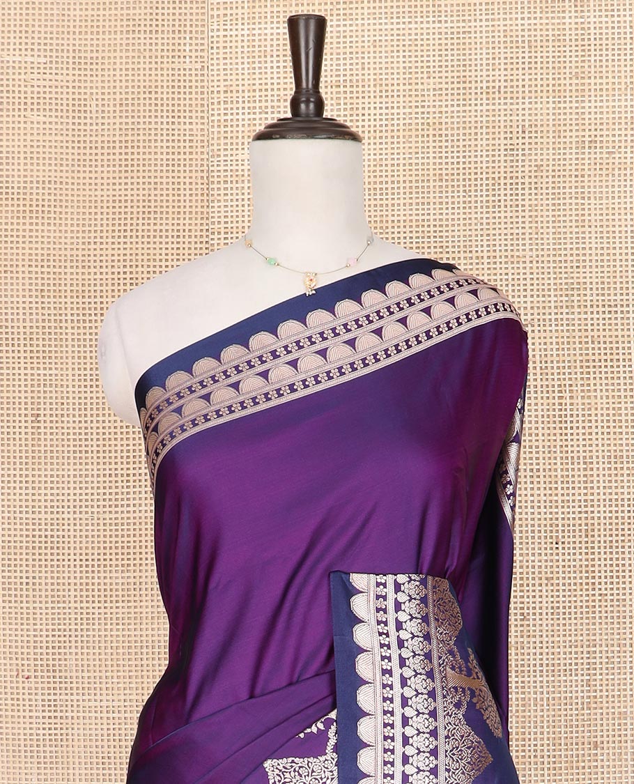 Purple plain mushru silk saree, self-border of scallop design, floral, and tree motifs, and intricately designed pallu - Image 3