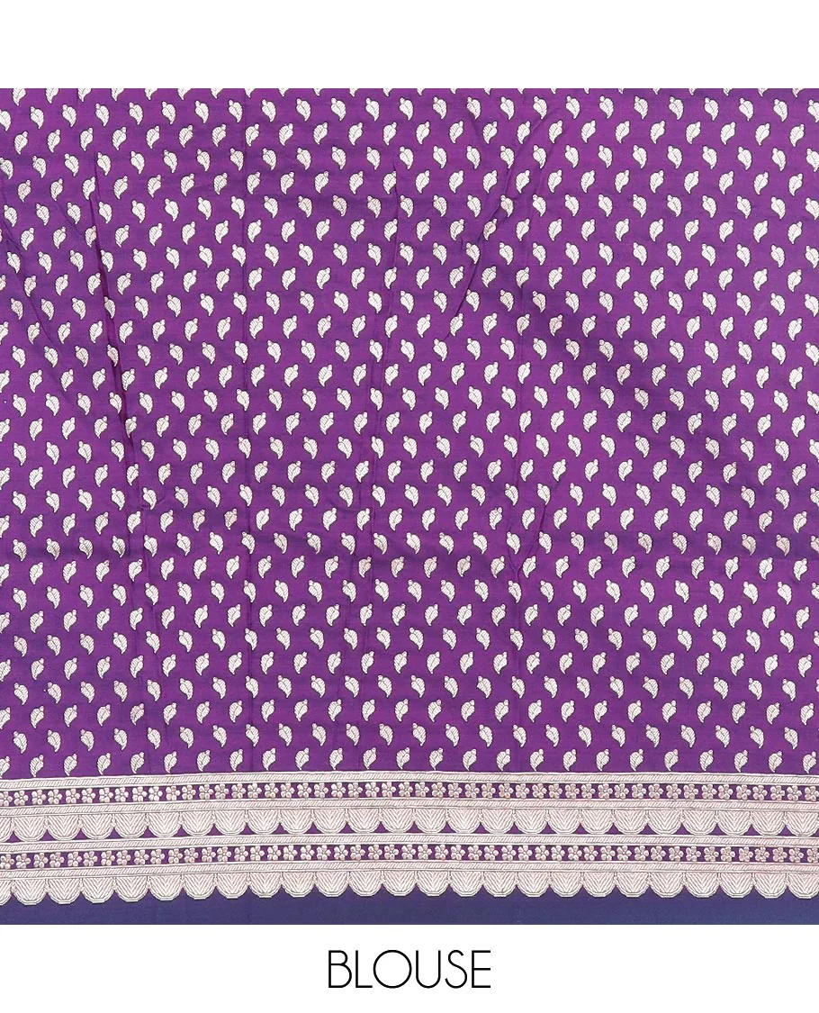 Purple plain mushru silk saree, self-border of scallop design, floral, and tree motifs, and intricately designed pallu - Image 4